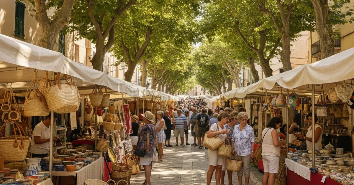 Mercado tradicional mallorquín con puestos de artesanía y mimbre bajo los árboles